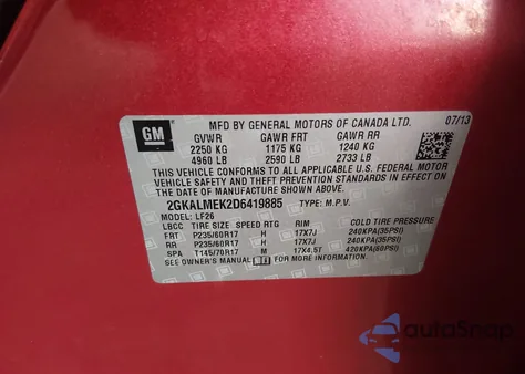 2013 GMC Terrain Sle-1 z USA, uszkodzony, nr VIN 2GKALMEK2D6419885